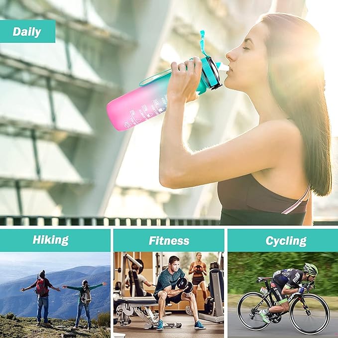 Motivational Time Marker Green Pink Gym Bottle (1000 mL)