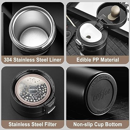 Stainless Steel Black Coffee Mug with Insulated Lid - 380ml | PuRa Tienda